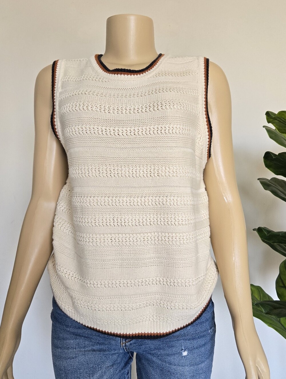 Faherty Cashmere Mixed Stitch Tank Knit Sweater Vest Cream Size M Crochet Women